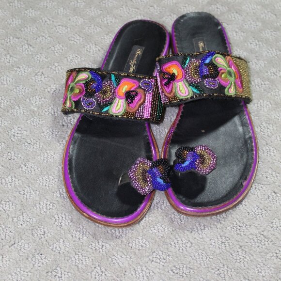 Beverly Feldman Women's Sz 8 Beaded and Embroidered Flat Sandals - Picture 1 of 7